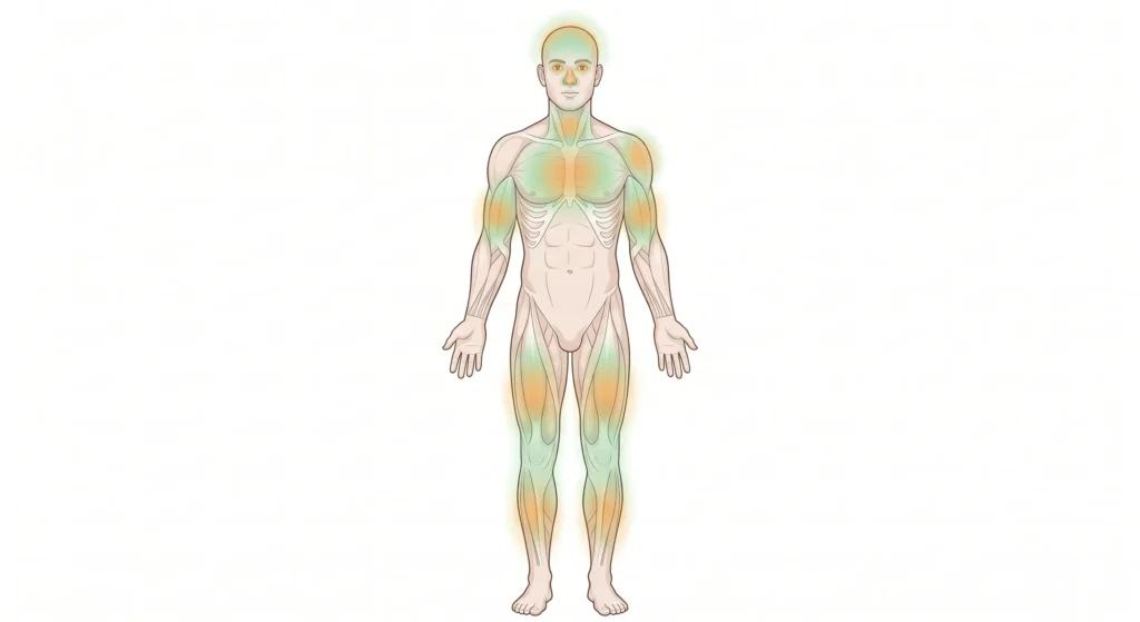 Post Orgasmic Illness Syndrome: Medical illustration showing a full male body.