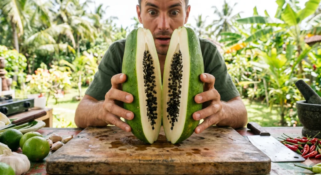 managing post orgasmic illness syndrome (POIS) naturally: A large unripe green papaya cut open

on a wooden chopping board, showing its firm flesh and black seeds. A man's hands visible on either side holding it open with visible surprise. 